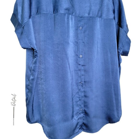 BLUE SATIN V NECK WITH COLLAR POPOVER BLOUSE - Picture 6 of 7